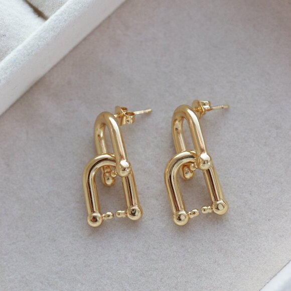 U-Bar Shape Chunky Hardware Stud Dangling Earrings Stainless Steel - Picture 4 of 4